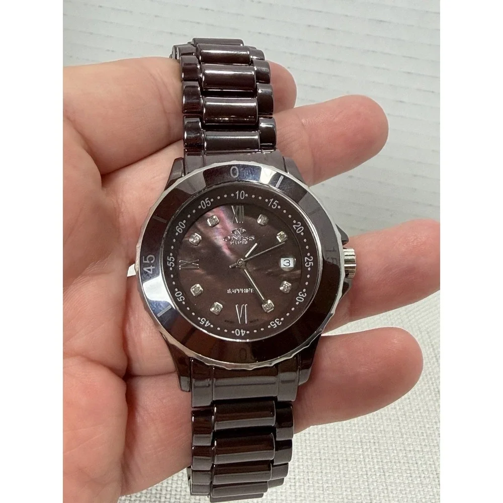Oniss Paris Womens Watch Chocolate Ceramic Gemmed Date Sapphire Crystal